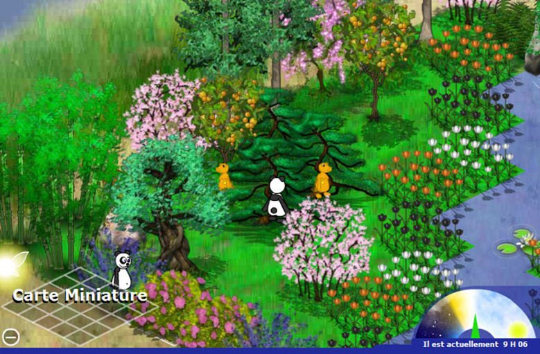 A grove of cherry trees, orange trees and bamboo with a panda walking between them and a river on the right.