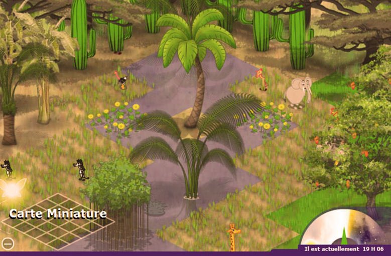 The savanna at dusk under a purple sky, with an elephant, a giraffe, a flamingo and an ostrich among palm trees and cacti.