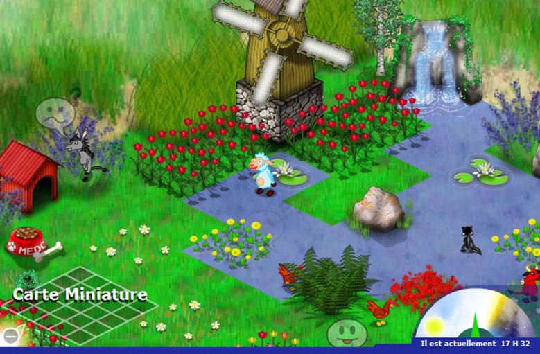 A garden seen from above with a stone windmill, rows of red tulips, a pond with water lilies, a donkey, a lamb and a red doghouse.