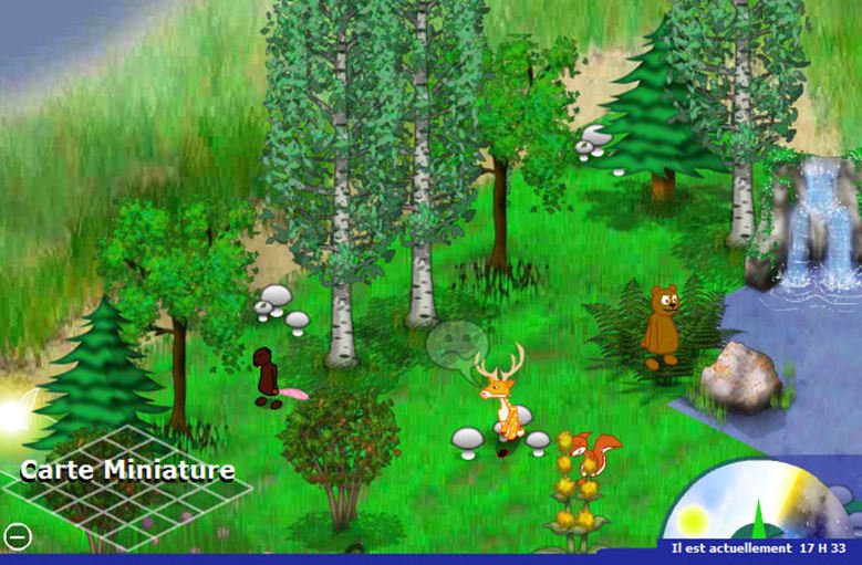 A forest of birch and pine trees with a brown bear, a deer, a squirrel, white mushrooms and a waterfall.