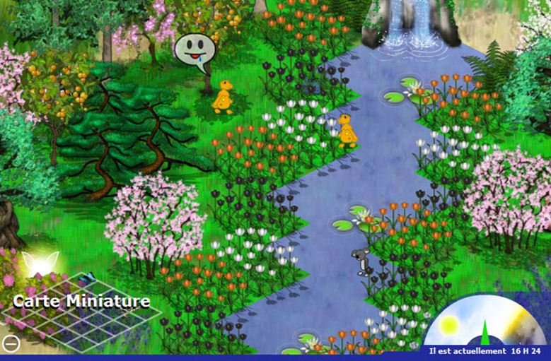 A winding blue river between rows of orange, black and white tulips, with a waterfall, water lilies and two yellow creatures.