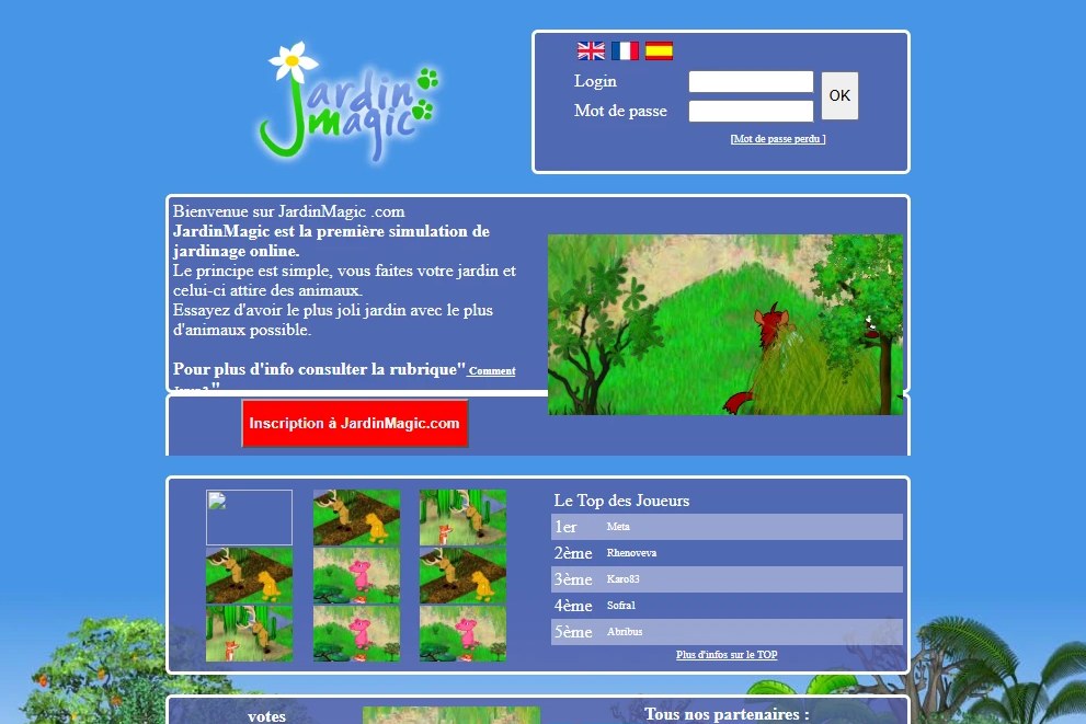 The first JardinMagic website, with a blue page, indigo panels and a forest picture behind.