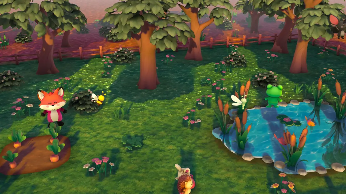 Un jardin entier vu d’en haut, avec des carottes, des arbres, une mare et des animaux qui y vivent
